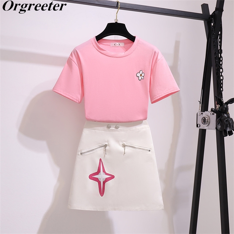 

Summer Casual Pink Short Sleeve Flower Print Tshirt Top + Zipper Mini Skirts 2 Piece Set Women Outfits Female 210602