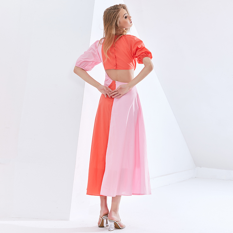 

2021twotwinstyle patchwork hit color asymmetrical summer dress for female puff sleeve high waist hollow out dresses women 2021 new, Black;gray
