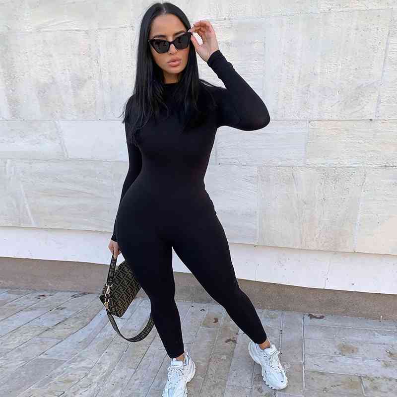 Women&#039;s Jumpsuits & Rompers Summer&#039;s Sexy Casual Wear White Black Round Collar Long Sleeve Sports Tight Yoga Fitness Pants Jumpsui-image-704421227