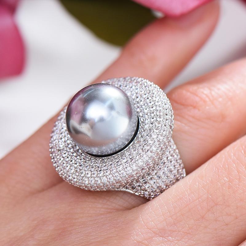 

Wedding Rings GODKI Trendy Round Pearl Statement For Women Cubic Zircon Finger Beads Charm Ring Bohemian Beach Jewelry Gifts, Slivery;golden