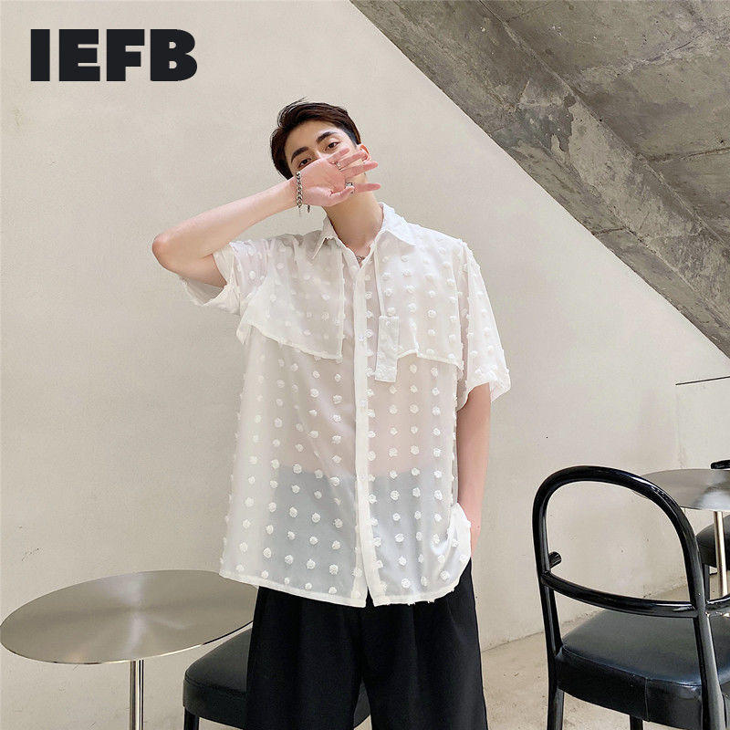 

IEFB Korean Fashion Polka Dot Short Sleeve Shirt Men's Fashionable Personality Micro Transparent Sexy Male Tops 9Y7052 210524, Black