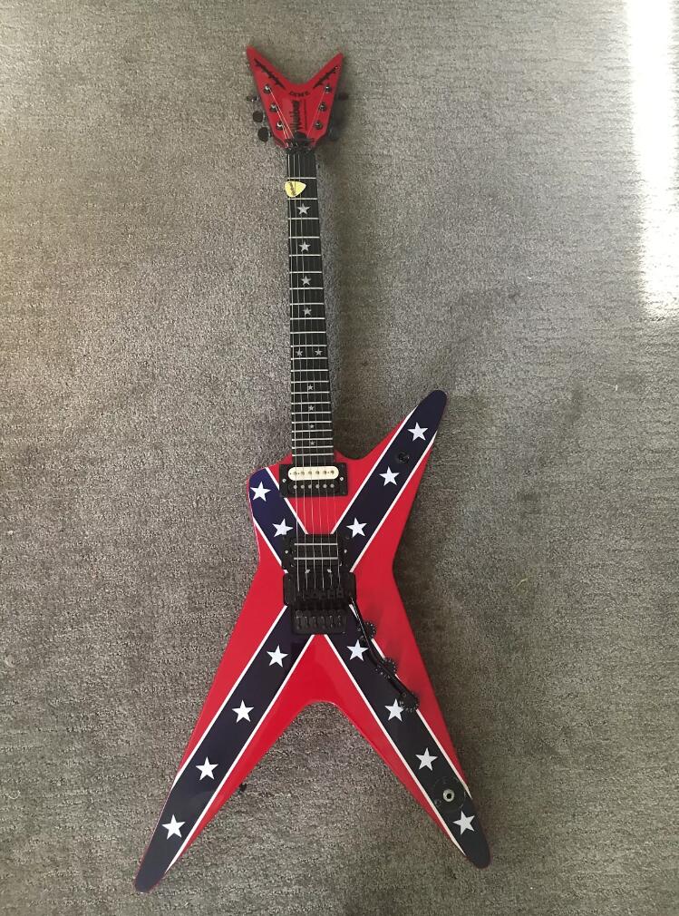 

Wash Dime 333 Dimebag Darrell Rebel Confederate Flag Red Electric Guitar Star Inlay, Floyd Rose Tremolo, Black Hardware