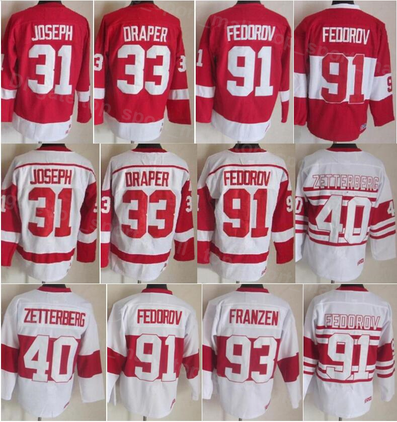 

Men Vintage Classic Retro Ice Hockey 91 Sergei Fedorov Jersey 40 Henrik Zetterberg 33 Kris Draper 31 Curtis Joseph 93 Johan Franzen All Stitching 75th Year HongYi, 91 red