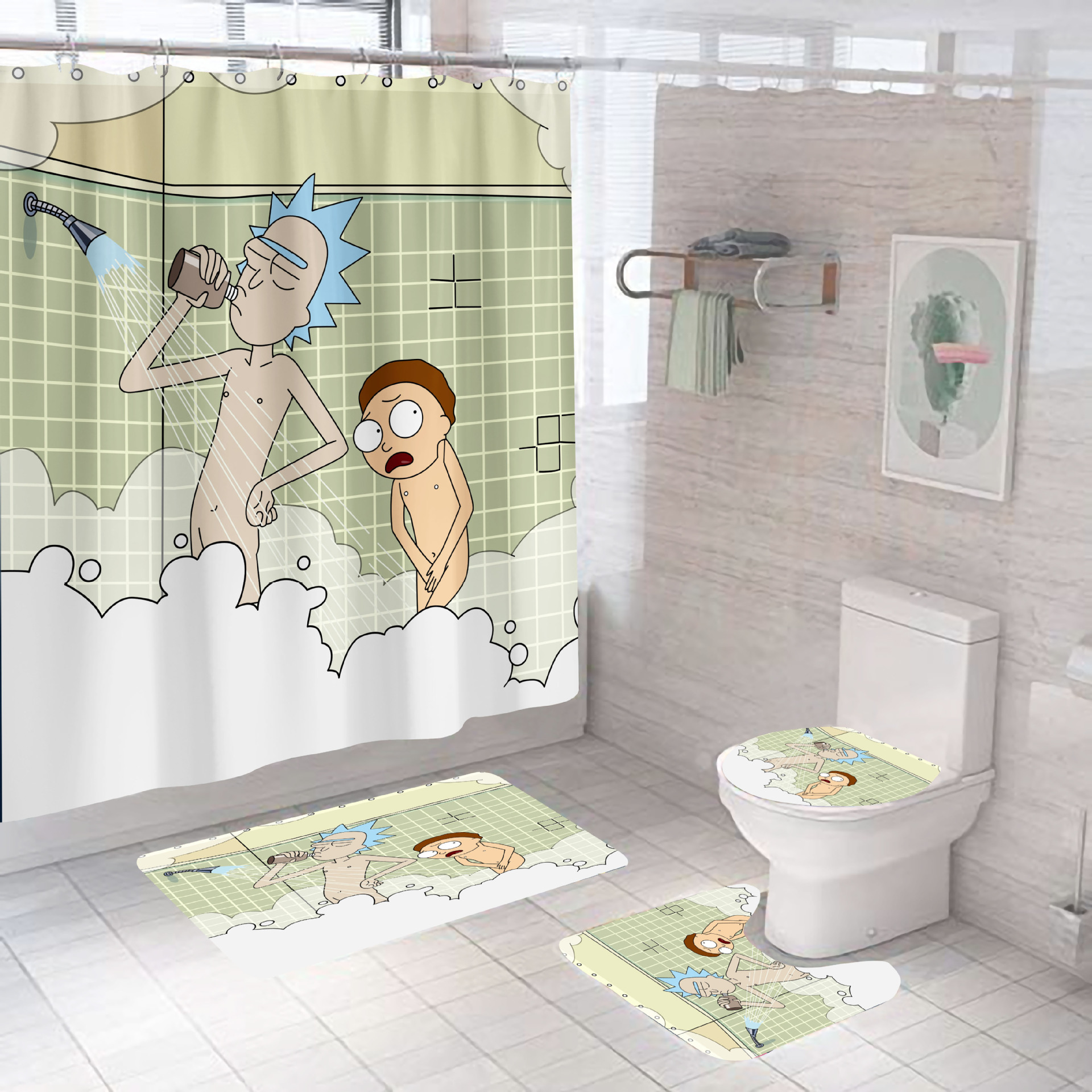 

4 Pcs Bathroom Shower Curtain Set Waterproof Mermaid Cartoon Bath Curtains European Style Printing U Ground Mat Cover 180X180CM Toilet Seat