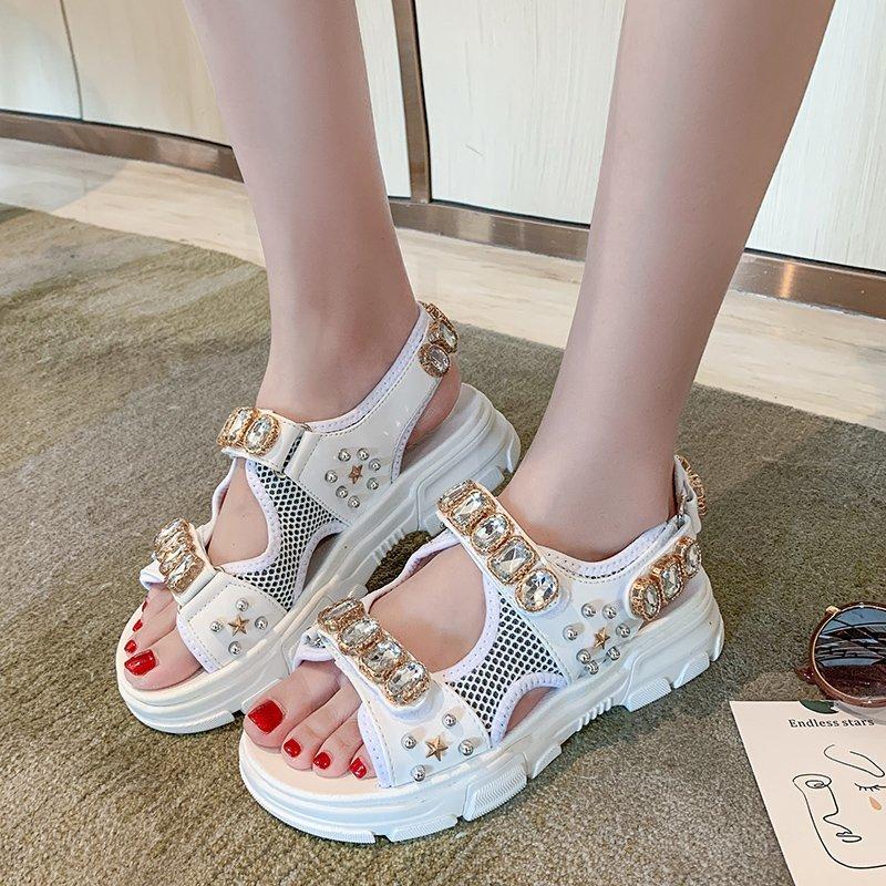

Summer Women Platform Sandals Chunky Wedges Shoes For Woman Luxury Designers Brand Sports Casual Fashion Rhinestone Sandal White