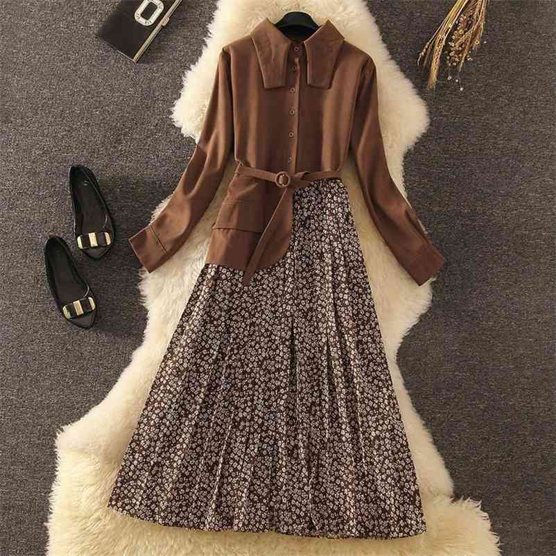 

Spring Autumn Casual Women Dress Turn-down Collar Single Breasted Belt Patchwork Print Fashion 2 Colour A-Line 210519, Khaki