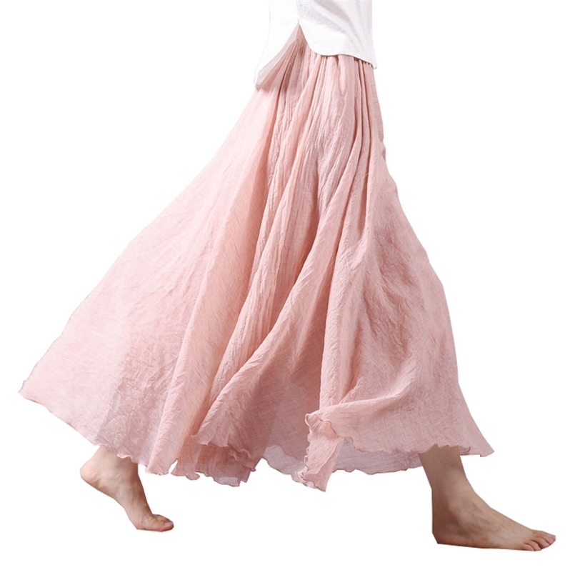 

Drop Summer Women Skirt Linen Cotton Vintage Long Skirts Elastic Waist Boho Beige Pink Maxi Faldas Saia 210708, Gray