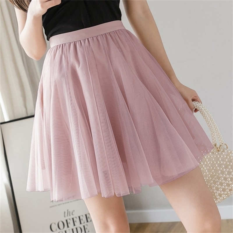 

Spring Women Korean Sweet Mini Skirt Elegant Ladies Elastic Waist Mesh Casual Short Skirts Female 210519, Picture color