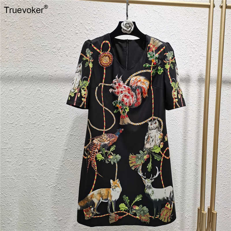 

Truevoker Summer Runway Fashoin Dresses Lady Short Sleeves Retro Totem Print Diamond Crystal Straigth Dress 210602, Black