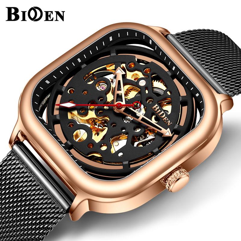 

Wristwatches BIDEN Square Automatic Mechanical Watch Men Black Rose Gold Mesh Steel Strap Skeleton Dial Mens Watches Top Clock, Slivery;brown