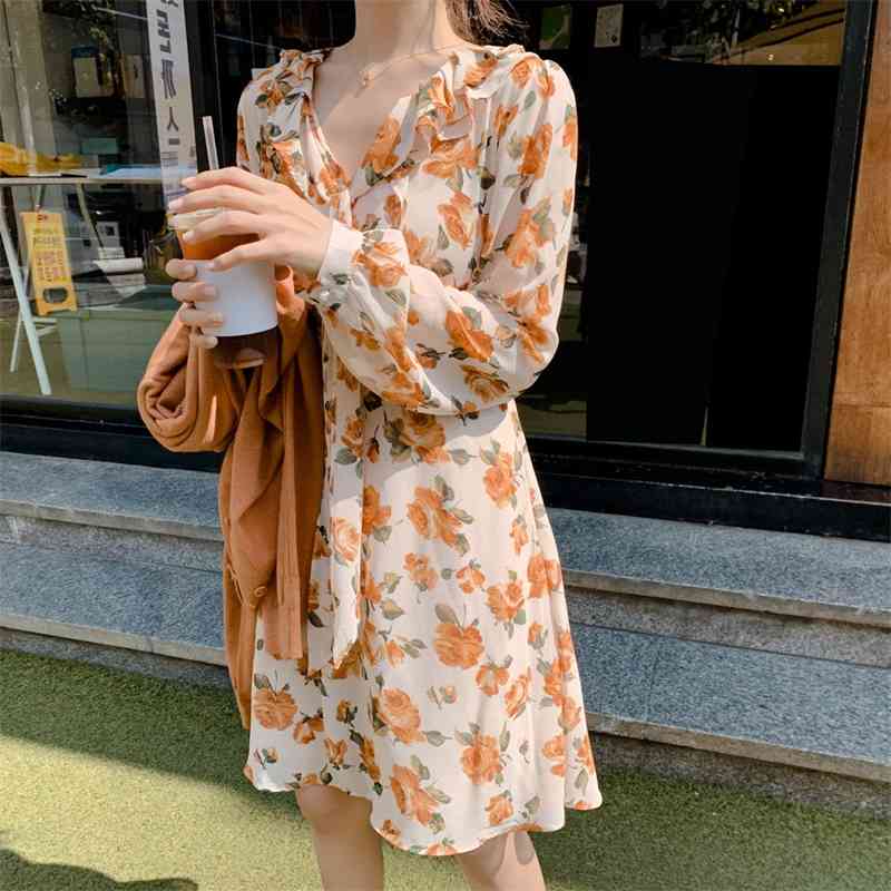 Plus size Autumn Girls Boho Party Female Vintage Dress Long Sleeve chiffon Women Dresses print spring Robe Vestido 210417Z