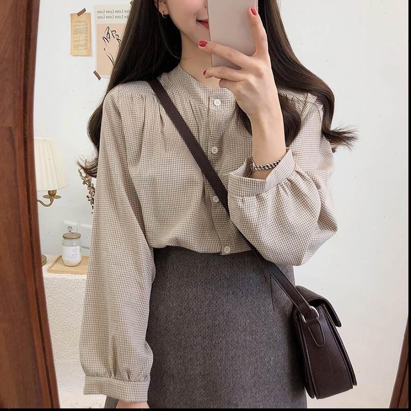 

Women Blouses O neck Long sleeved Plaid Loose Cute Sweet Shirt Fashion Simple Temperament Casual Lantern Sleeve Blouse, White