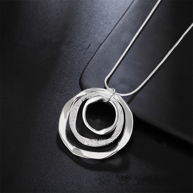 

925 Sterling Silver 18 Inches Three Circle Pendant Chain Frosted Necklace For Women Fashion Wedding Party Charm Jewelry 1240 T2