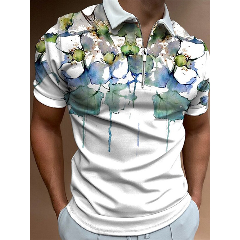 

Pure color printing plaid men's zipper polo shirt, high quality, comfortable, breathable, fashionable and cool, daily business trip, work party, White;black