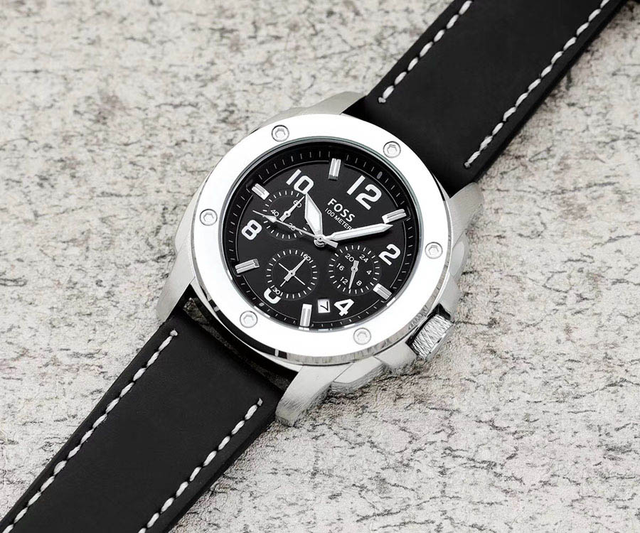 

Brand Watch Men Foss Multifunction style Leather strap quartz wrist Watches Small dials can work FO12, Silver all black