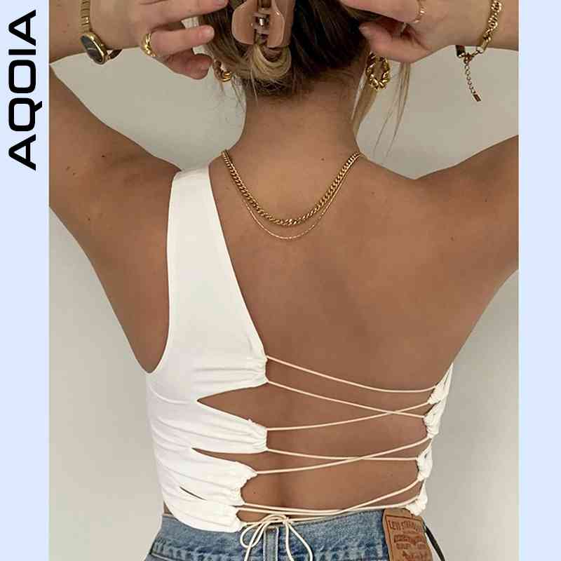 

Sexy One Shoulder Backless Women Tank Black White Bandage Irregular Women' Crop Top Fashion Summer Female Tanks 210521, Random color