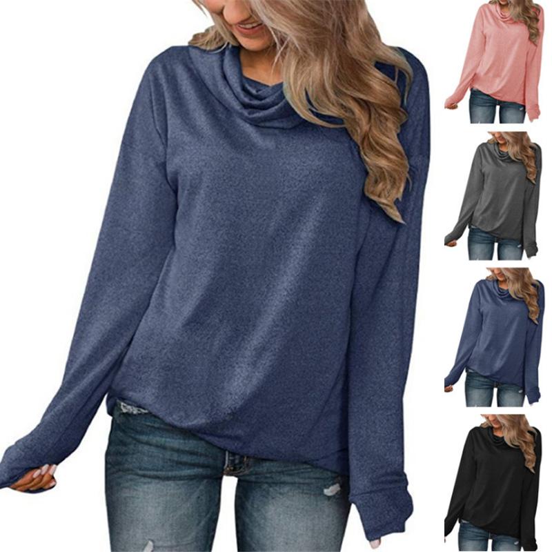 

Women's T-Shirt Casual Women Long Sleeve T Shirt Autumn Solid Color Simple Pullover Tops Arrival Pile Collar Tee, White