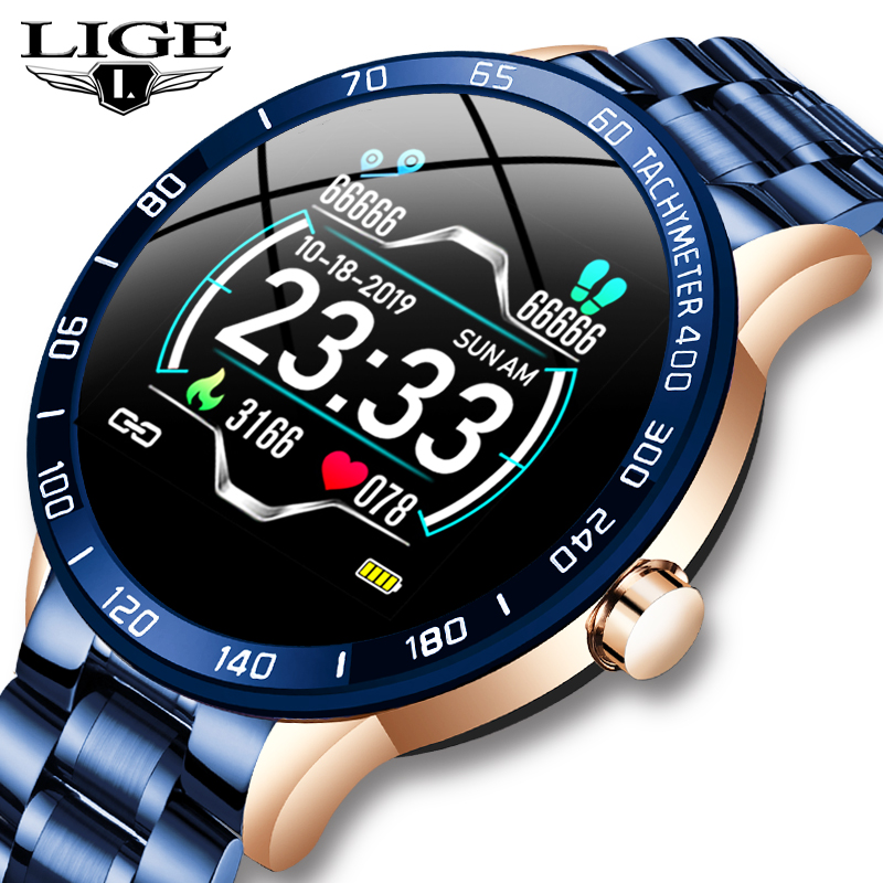 

LIGE Steel Band Smart Watch Men Heart Rate Blood Pressure Monitor Sport Multifunction Mode Fitness Tracker Waterproof Smartwatch, Gold