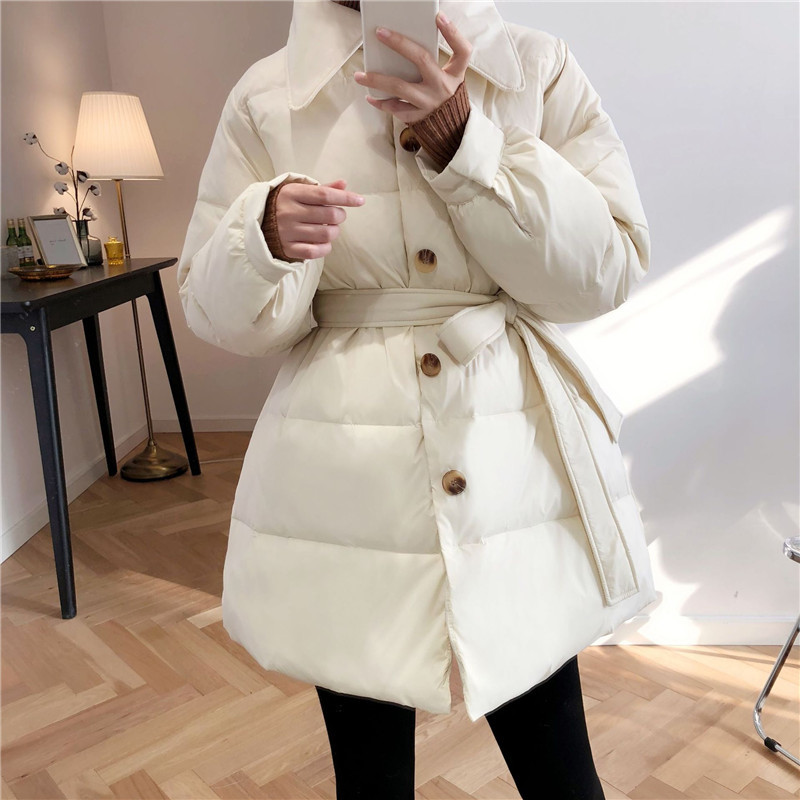 

Fashionable Waist White Duck Down Jacket Women Turn Collar Single Breasted Warm Coat Female Adjustable 210520, Black