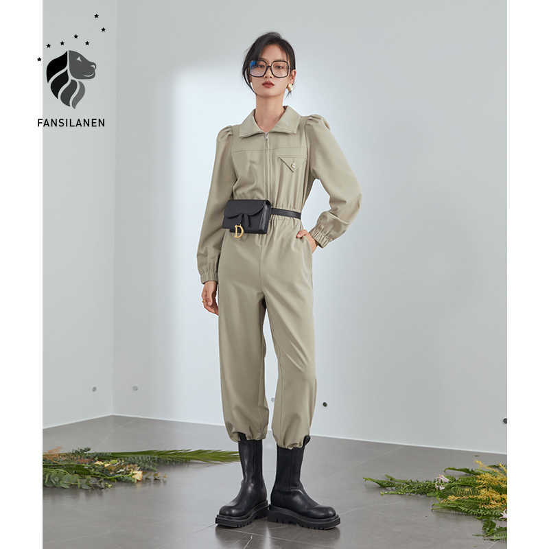 

FANSILANEN Casual streetwear jumpsuit romper Women puff sleeve zipper black spring jump suit Female slim cargo pants overalls 210607, Khaki