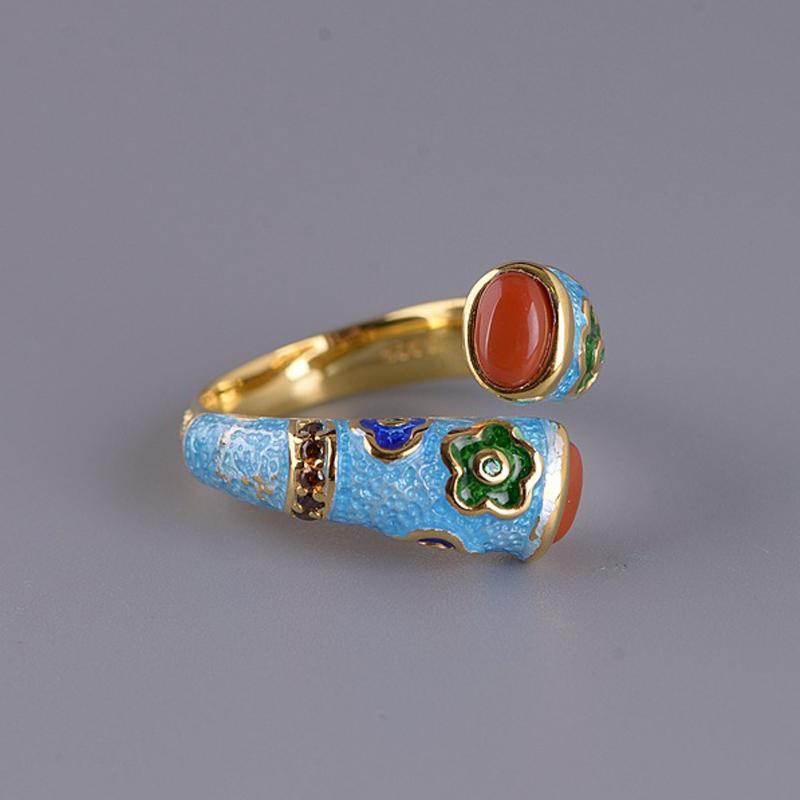 

Enameling Flower Ring 925 Silver Adjustable 100% Original Real S925 Solid Rings For Women Jewelry Fine Red Agate Cluster