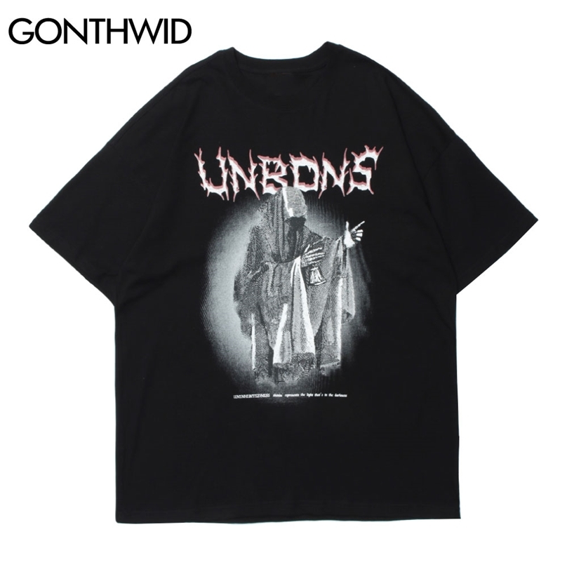 

T-Shirts Punk Rock Gothic Hip Hop Streetwear Men Devil Print Distressed Casual Cotton Harajuku Short Sleeve Tees Tops 210602, Gray