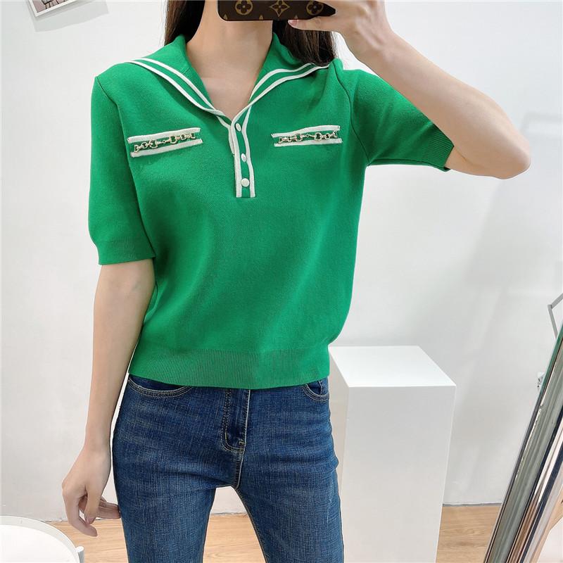 

2021 summer women's short-sleeved lapel sweater new navy collar chain hit color ice silk short-sleeved T-shirt #3074zdXF, White