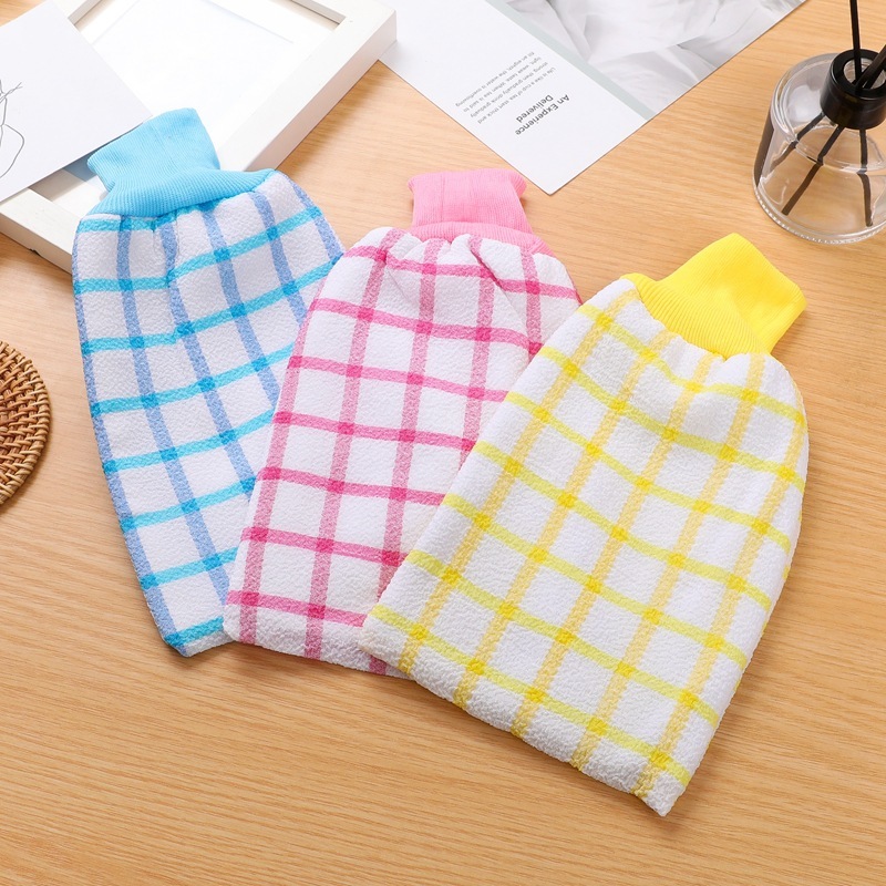 1Pcs Body Face Clean Scrub Glove Polyester/Towel Bath Supplies 3Colors Massage Gloves Plaid Pattern Shower Wash Tools-image-690916487