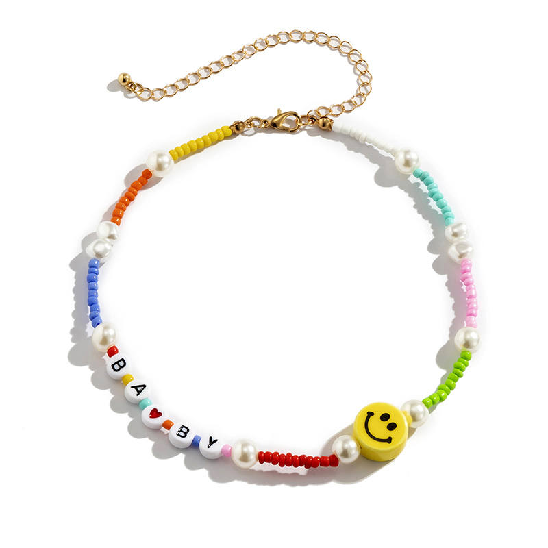 

Beach style Beaded Necklaces acrylic square letter necklace colorful seed bead pearl smile face single layer clavicle chain multi-element bohemian neck jewelry