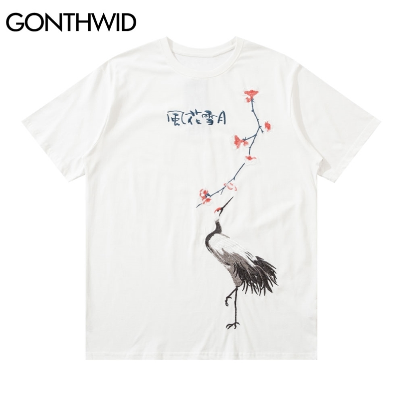 

Tshirts Japanese Style Embroidery Crane Cherry Blossoms Chinese Characters Tees Shirts Streetwear Harajuku Hip Hop Tops 210602, Black