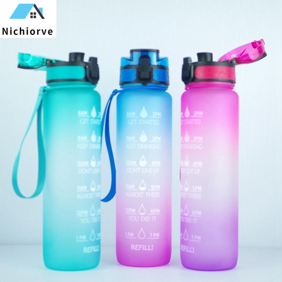 

1000ml Gradient Color One-click Opening Fliptop Spring Lid 32OZ Motivational Fitness Outdoor Sports Water Bottle With Time Marker RRA3529, Multi