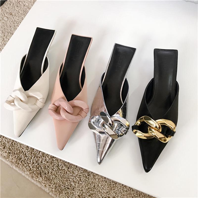 

Slippers 2021 Women Slipper Fashion Brand Chain Buckle Slides Shallow Design Slip On Pointed Toe Mules Shoes Ladies Thin Low Heel Sandals, Black