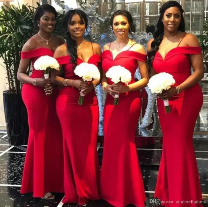 

2022 CHeap African Red Mermaid Bridesmaid Dresses Off The Shoulder Floor Length Long Wedding Gowns Party Dress Robe de soiree CG001