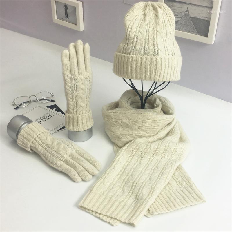 

Berets 2021 Autumn Winter Fashion Classic Twist Warm Hat Gloves Scarf Three Piece Set Of Men's And Women's Hair, Black