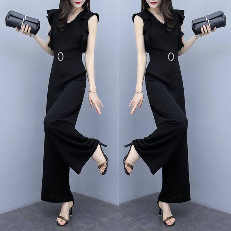 

Women' Jumpsuits & Rompers Korean Elegant Sleeveless Overalls For Women Lotus Leaf Womens Jumpsuit Fashion Wide Leg Pants, Black