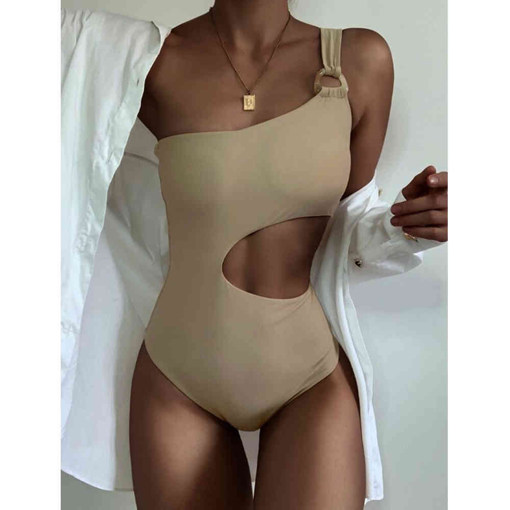 

Sexy One Shoulder Swimwear Women Hollow Out Piece Swimsuit Female Bodysuit Push Up Monokini Bathing Suit Beachwear 210521, Cream color