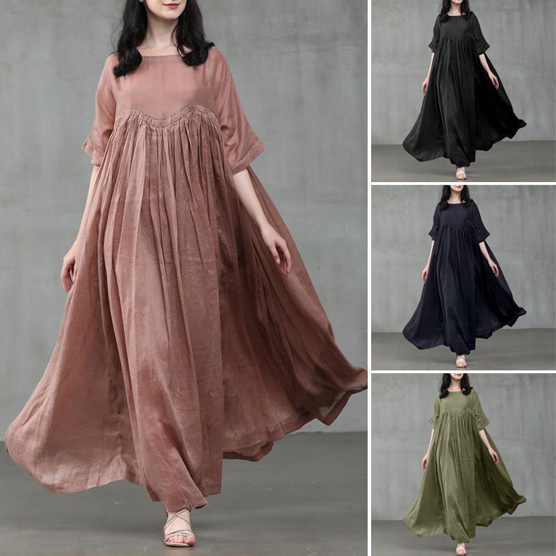 

Women's Summer Sundress 2022 Kaftan Pleated Maxi Dress Casual Half Sleeve Long Vestidos Female O Neck Robe, Green