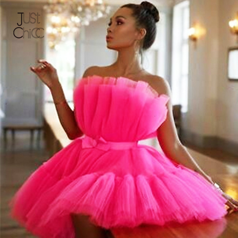 

Justchicc Elegant Mesh Party Dress Women Rose Pink Off Shoulder Bow-knot Dress High Quality Sexy Sleeveless Ball Gown Mini Dress