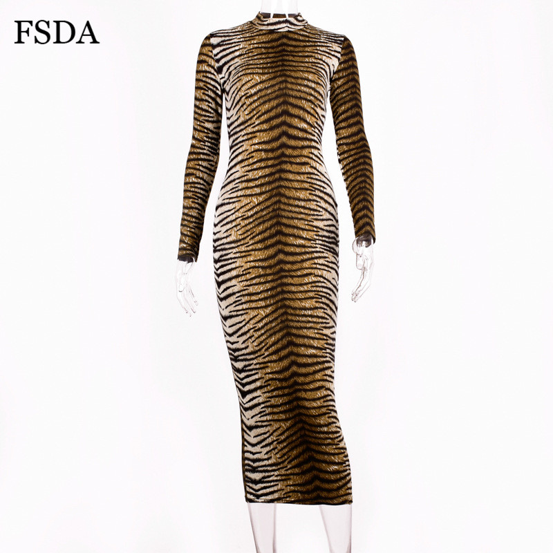 

leopard bodycon women dress long sleeve party night club autumn winter tiger midi dresseshigh quality, Black;gray