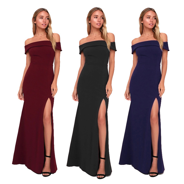 Party Dresses Evening 2021 Spring and Summer One Line Shoulder Waist Pa Hip Split Long Skirt-image-701158280