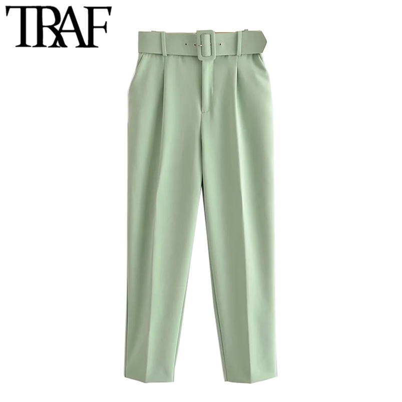 

TRAF Women Chic Fashion High Waist With Belt Pants Vintage Zipper Fly Pockets Office Wear Female Ankle Trousers Mujer 210721, Pink