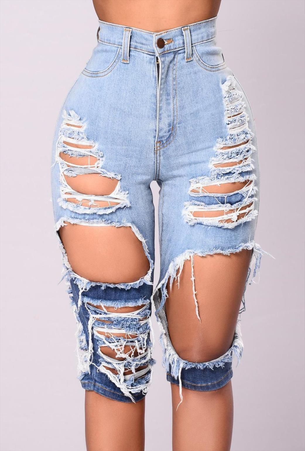 

summer cool ripped fashion women jeans color matching high waist denim casual biker knee length pants s 2xl, Blue