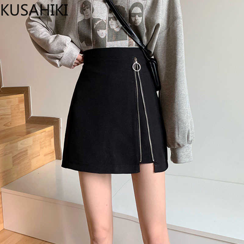 

Zipper Split Irregular Skirts Korean High Waist Elegant Women Skirt Causal Spring Faldas Mujer Moda 6F096 210603, Black
