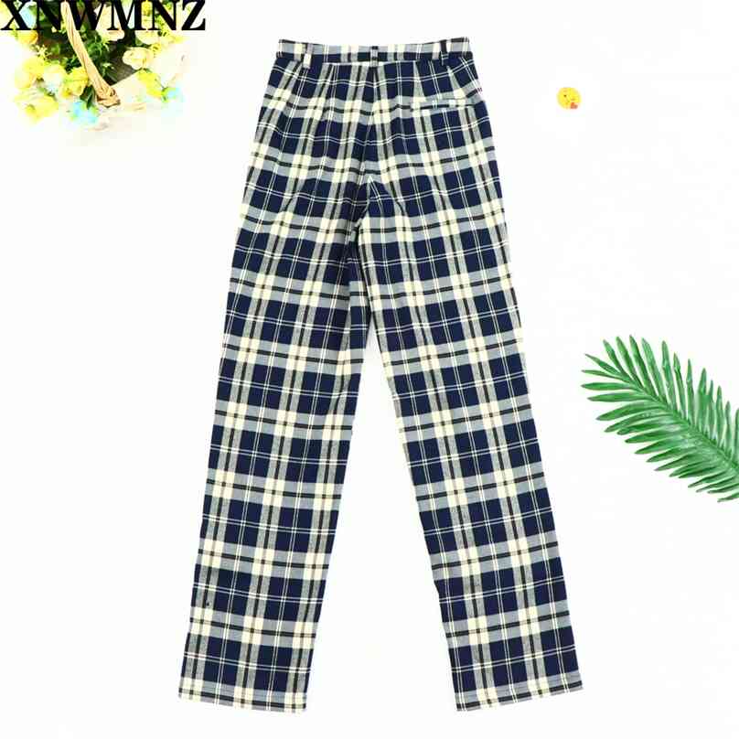 

cotton and linen plaid pants Women Plaid Retro Pockets high Waist Korean Style All-match Womens Long Trousers Straight Leisure 210520, Blue