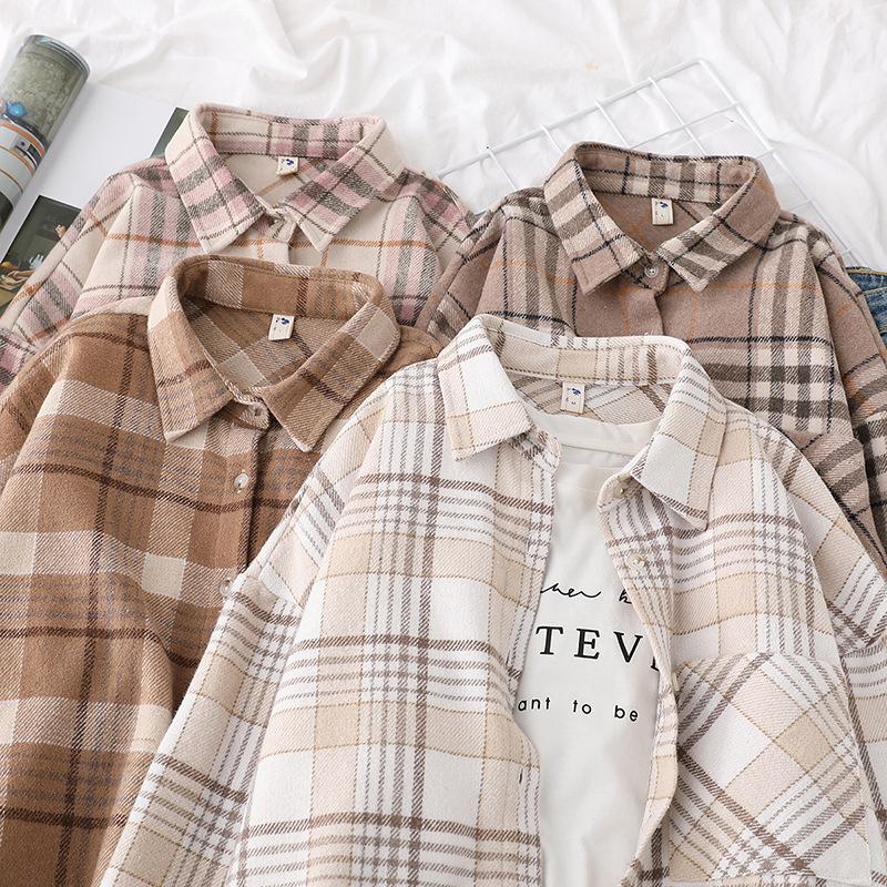 

Women' Blouses & Shirts Autumn Plaid Blouse Women Shirt Coat Checked Long Sleeve Tops Korean Style Oversize Ropa De Mujer Blusa Feminina, Beige