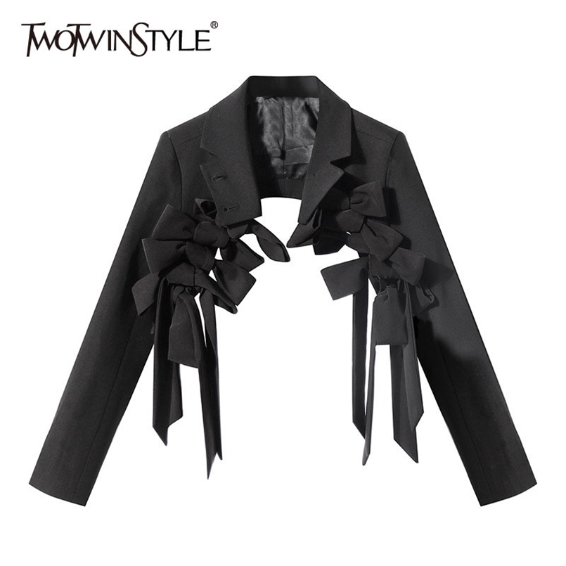 

Black Patchwork Bowknot Blazer For Women Notched Long Sleeve Casual Short Blazers Female Fashion Clothing 210524