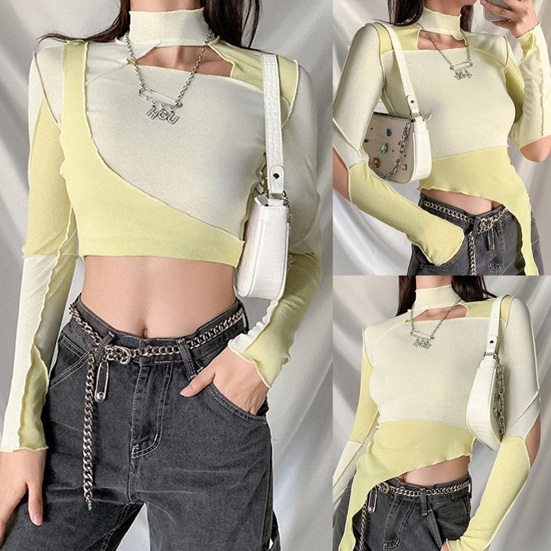 

Women's Slim Fit Half High Neck Fashion Stitching Irregular Navel Bare T-Shirt Yellow, White