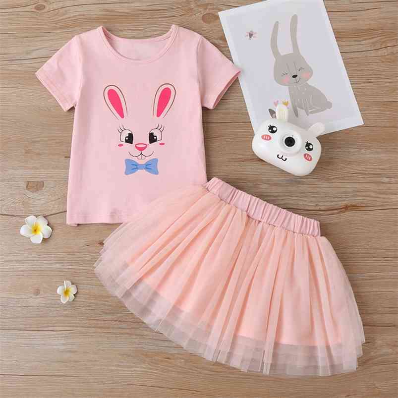 

Summer Children Sets Casual Short Sleeve O Neck Print Rabbit T-shirt Chiffon Solid Lace Skirt 2Pcs Girl Clothes 18M-6T 210629, Pink