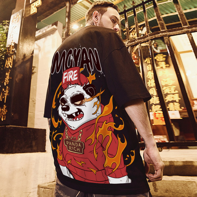 

2021 Fashion Hip-hop Japanese Anime Big Size Men's T shirt Summer Trend Casual Loose Cartoon Panda, Smiley Street Boy Tops oversized pl, White;black