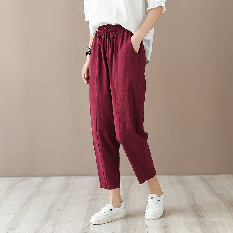 

Johnature Summer Cotton Linen Women Solid Color Elastic Waist All-match Ankle-length Pants Simple Leisure Fashion Pants 210521, Dark blue